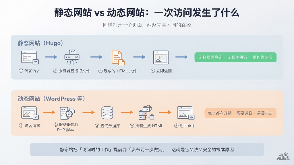 静态网站与动态网站访问流程对比图:静态站直接返回现成 HTML,动态站需执行脚本并查询数据库