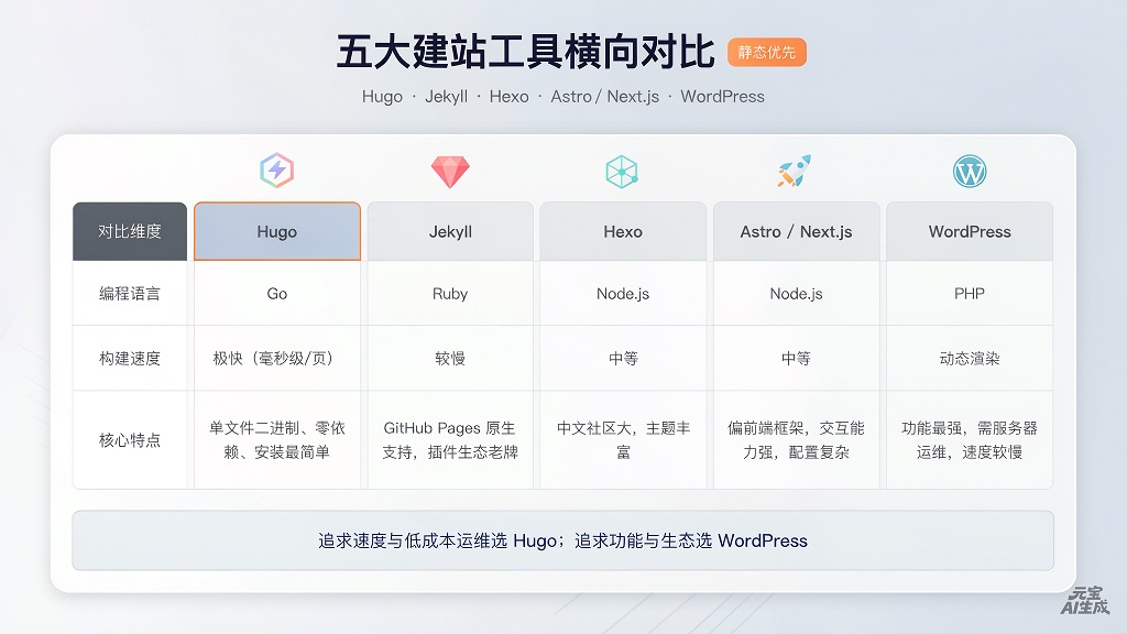 Hugo、Jekyll、Hexo、Astro/Next.js、WordPress 五大建站工具横向对比表