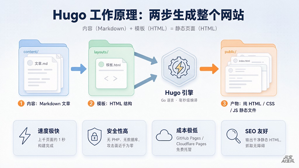 Hugo 工作原理流程图:Markdown 内容与 HTML 模板经 Hugo 引擎编译输出静态 HTML