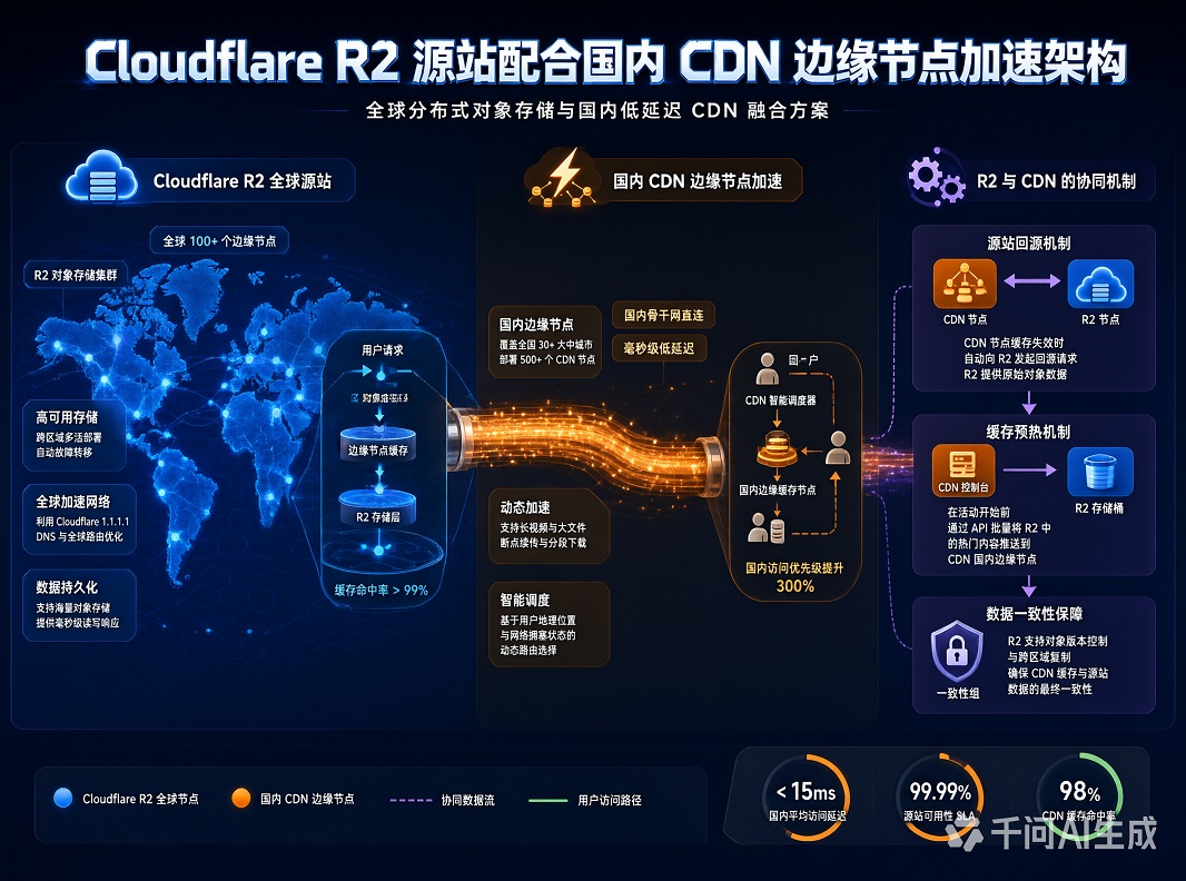 R2 源站配合国内 CDN 边缘节点加速示意图