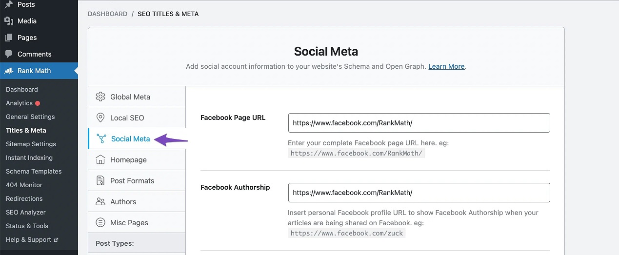 Rank Math 后台 Social 标签设置 OG 标题、描述和图片界面